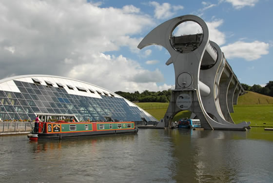 canal holidays Scotland. Falkirk Wheel on Forth and Clyde Canal in Scotland