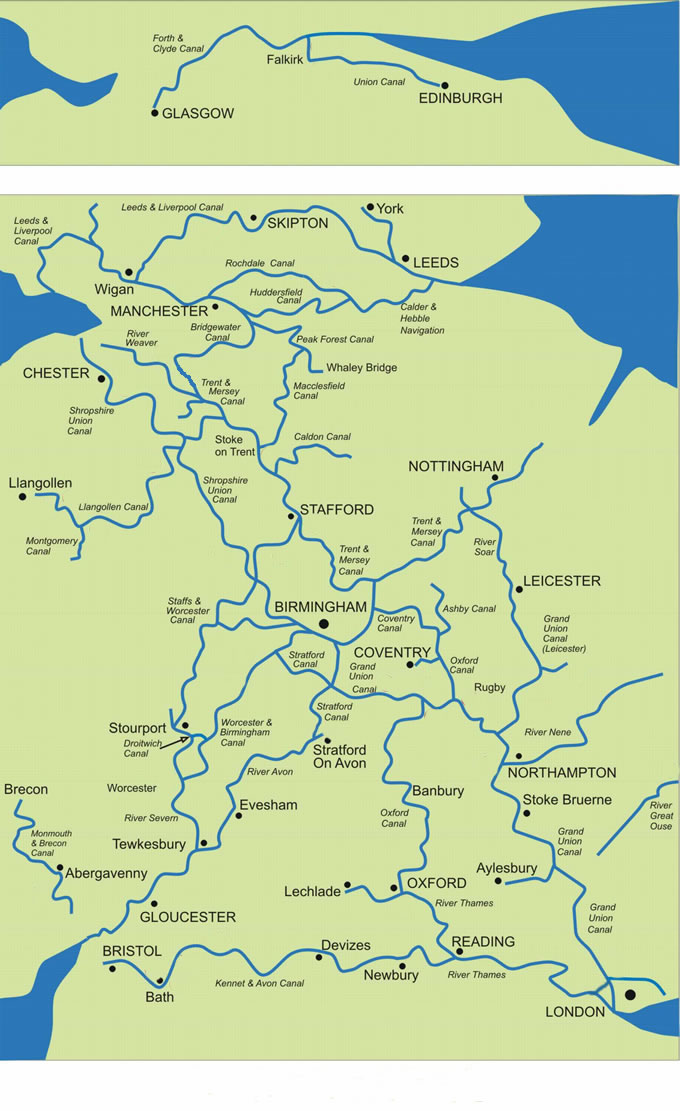 Map showing UK canals and rivers for boating holidays